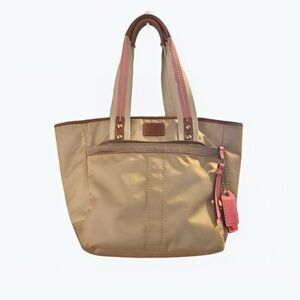 Coach Signature Stripe Tote – Beige with Pink Trim (Style M05K-130)
